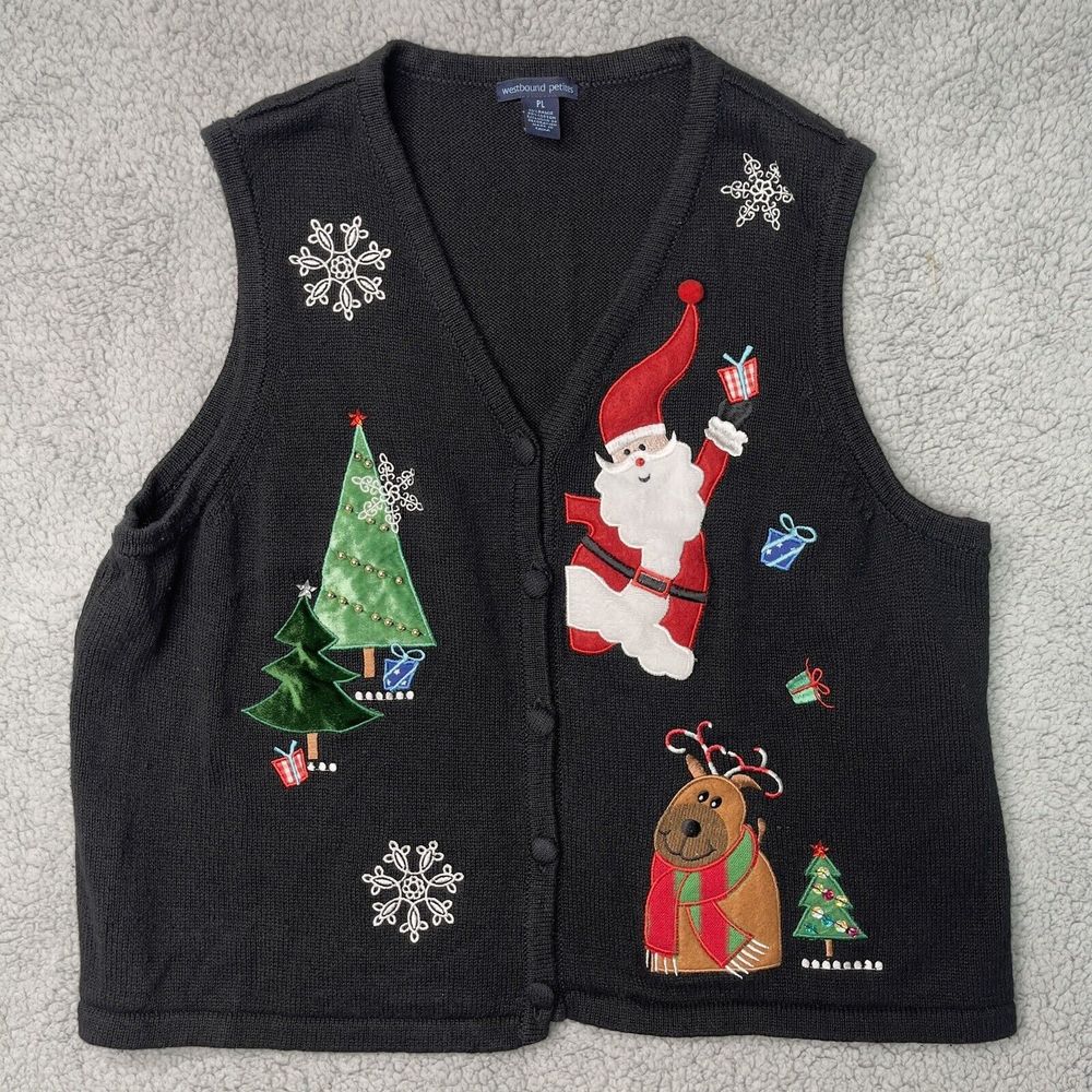 Christmas Vest Knit Womens Westbound Petites Large Santa Tree Reindeer Festive